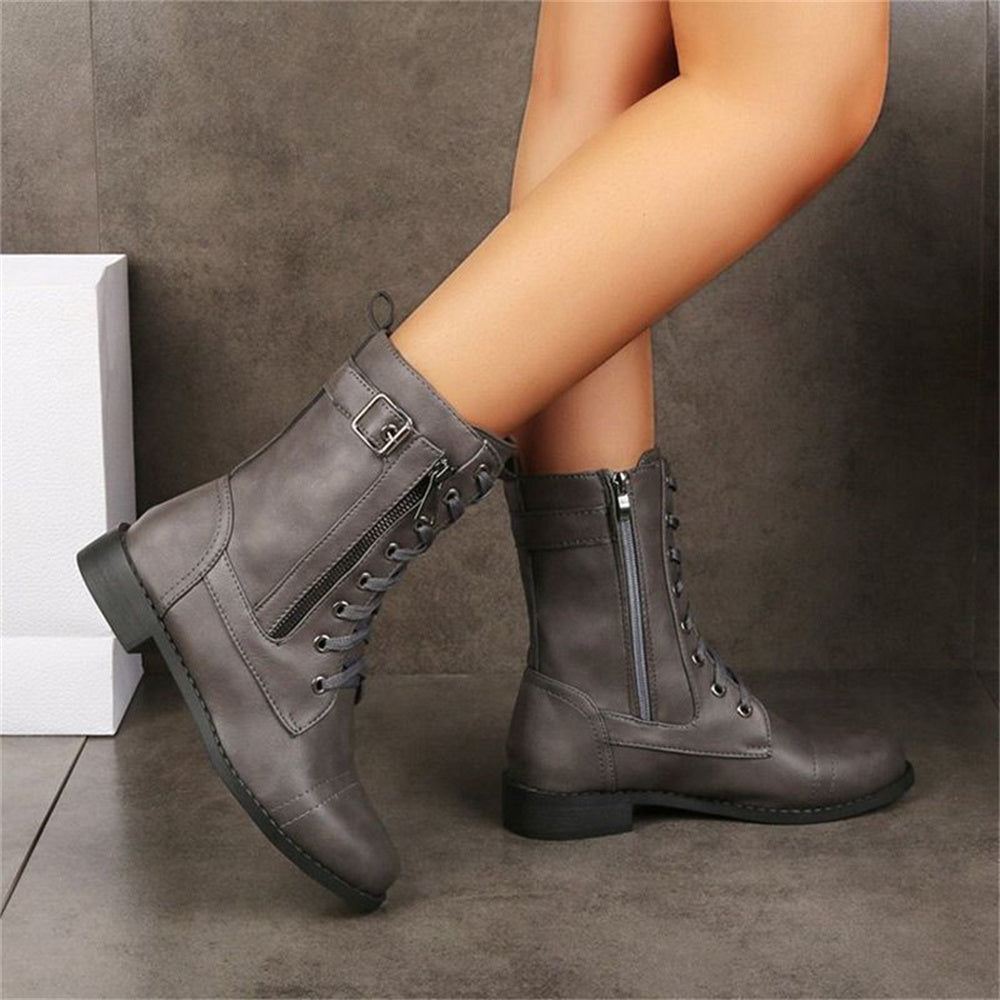Women's Lace-Up Mid-Calf Combat Boots with Side Zip and Buckle Grey