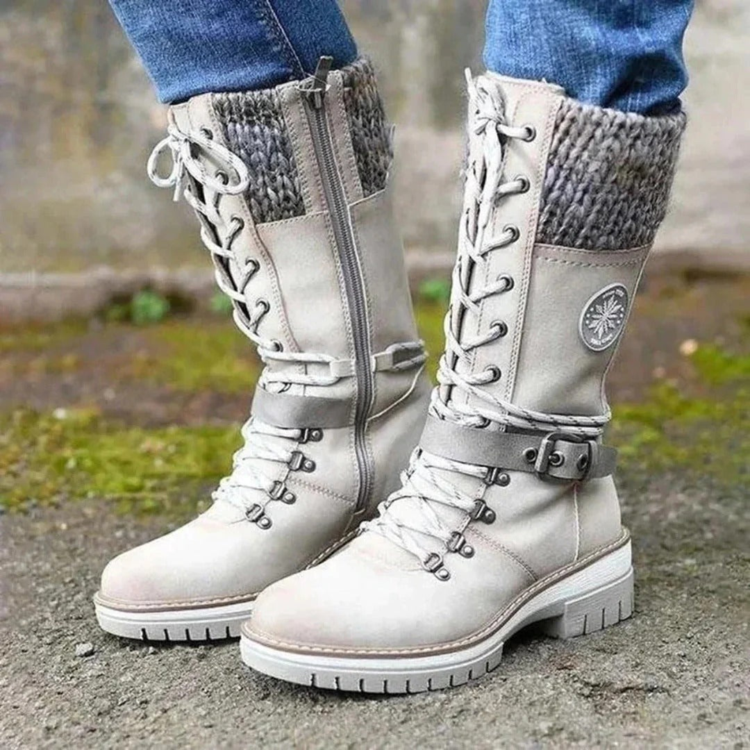 Women's Lace-Up Mid-Calf Winter Boots with Chunky Cuff and Buckle White