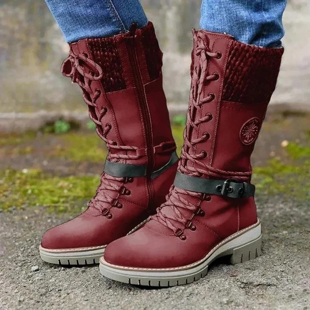 Women's Lace-Up Mid-Calf Winter Boots with Chunky Cuff and Buckle Red
