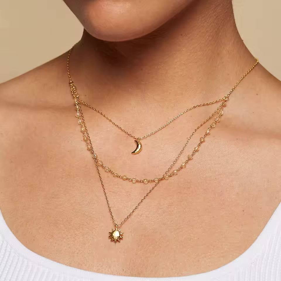 Women's Layered Necklace with Celestial Pendants and Moon Charm