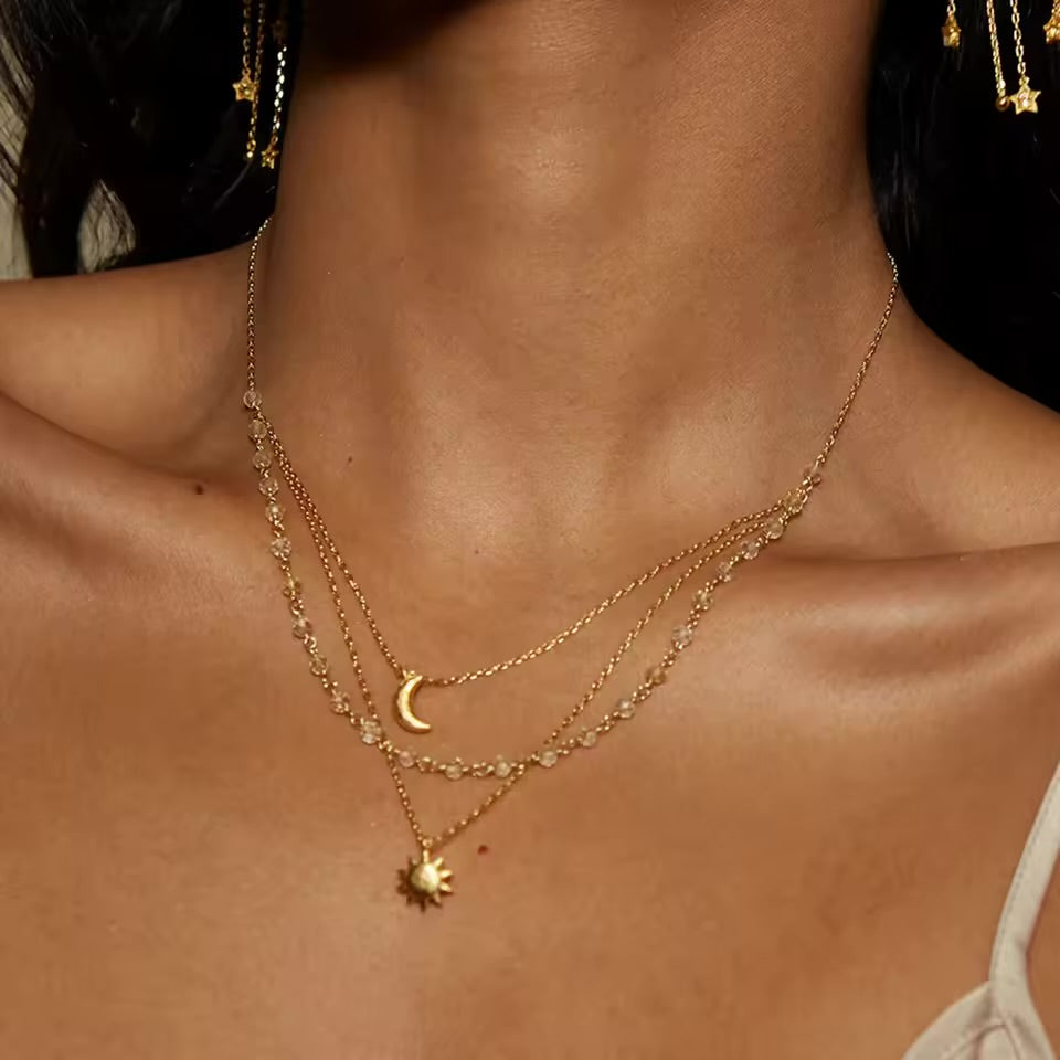 Women's Layered Necklace with Celestial Pendants and Moon Charm