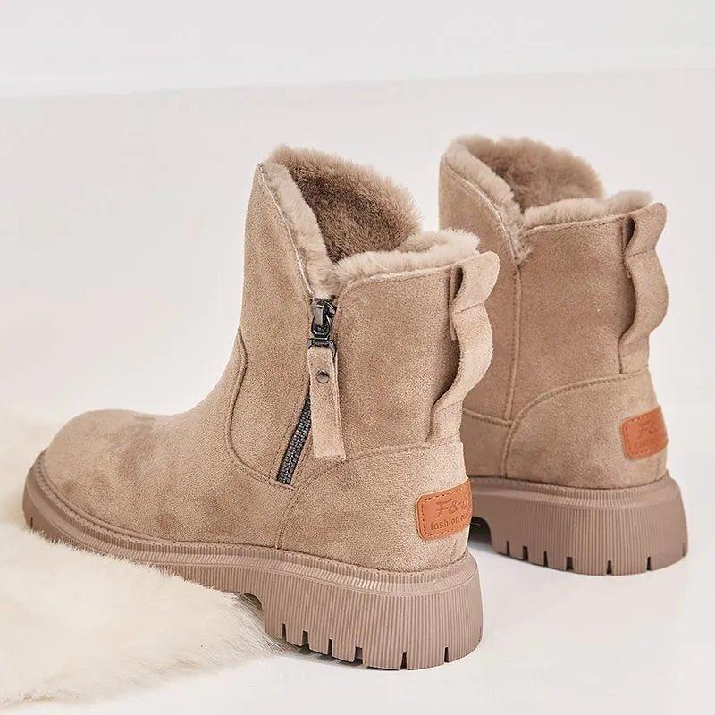 Women's Lined Winter Ankle Boots with Side Zip and Chunky Sole Beige