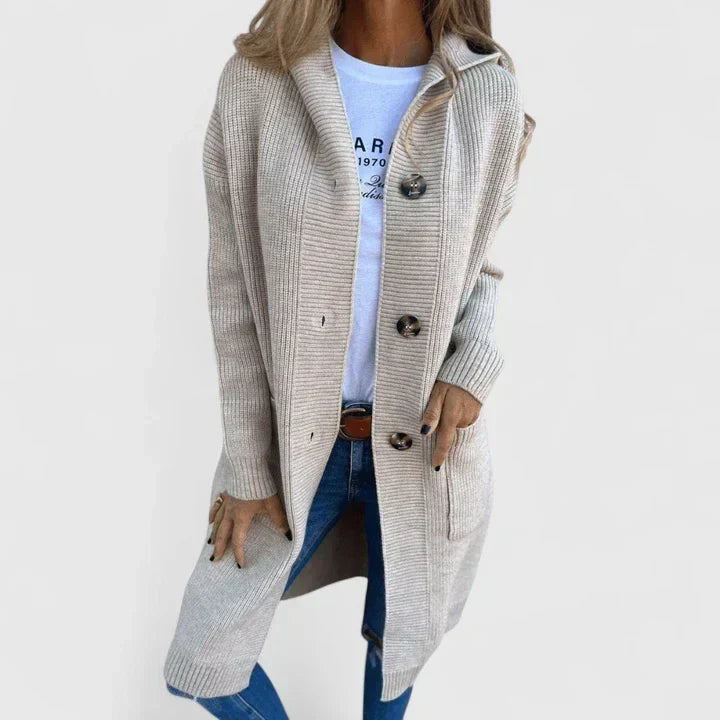 Women's Long Hooded Cardigan with Button Front and Deep Pockets Beige