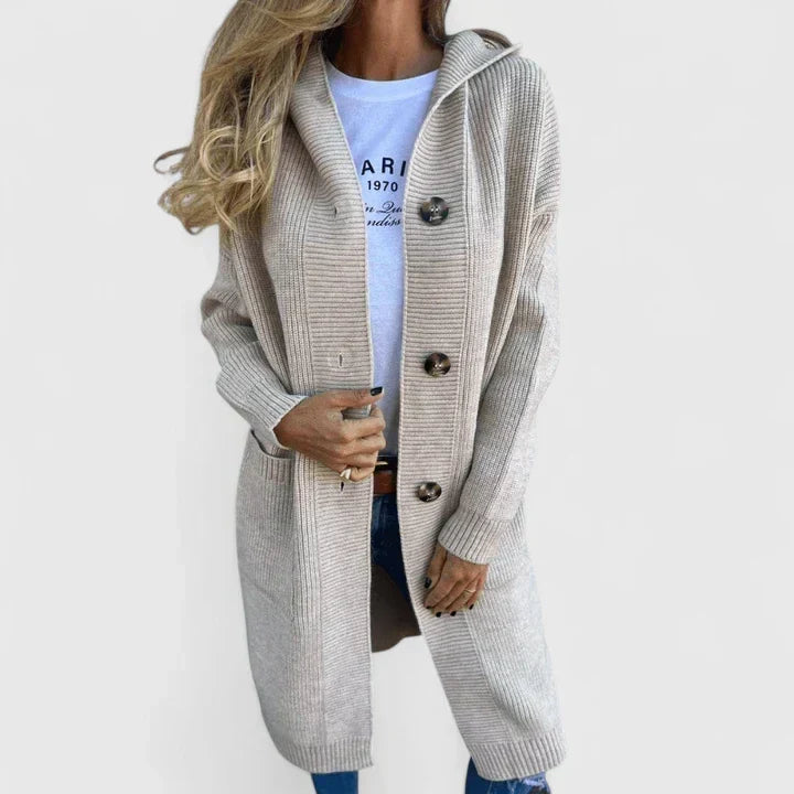 Women's Long Hooded Cardigan with Button Front and Deep Pockets