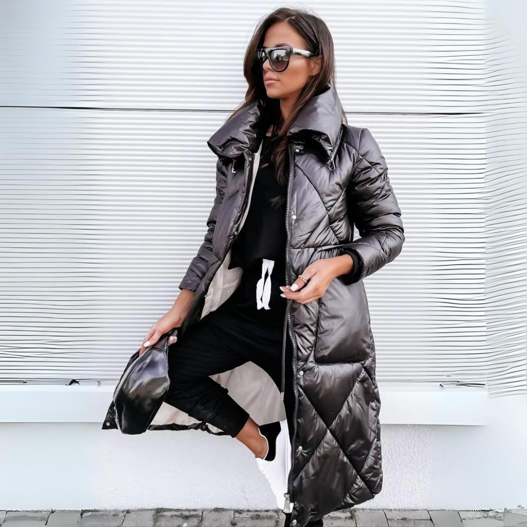 Women's Long Quilted Puffer Coat with Oversized Fold-Over Collar