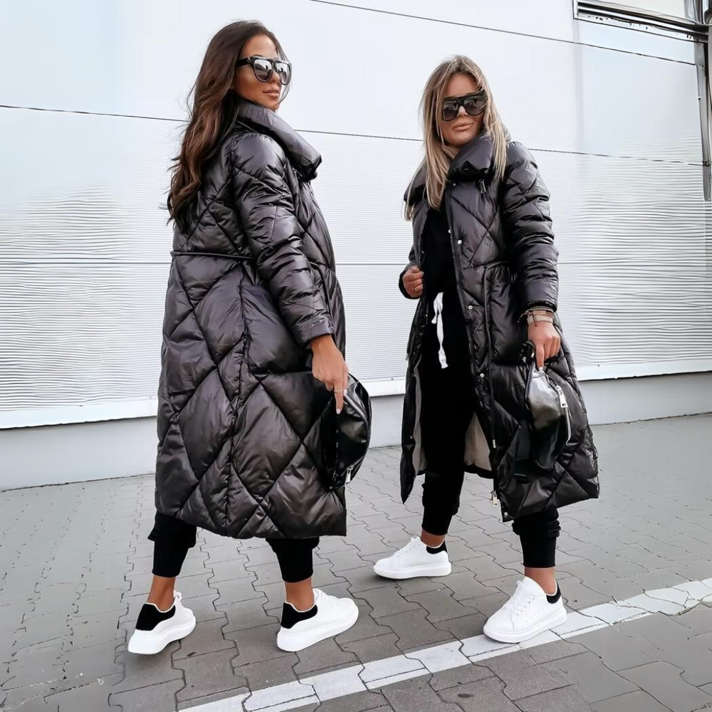 Women's Long Quilted Puffer Coat with Oversized Fold-Over Collar