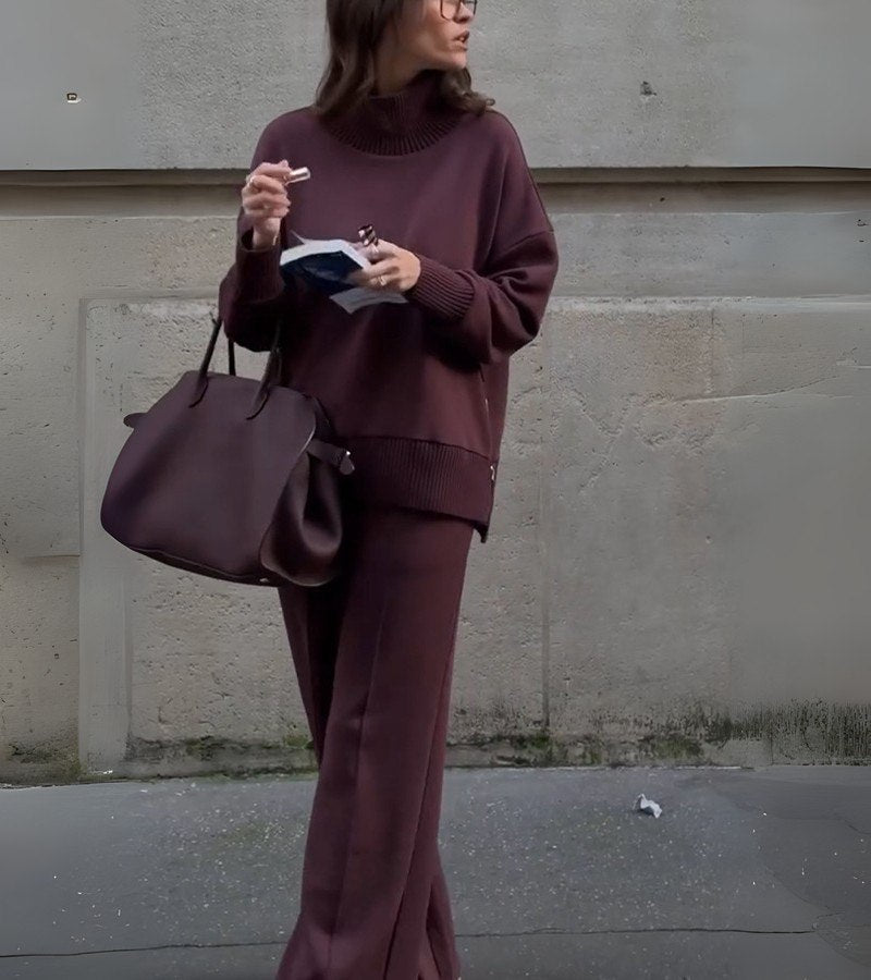 Women's Matching Jumper and Trousers Set with High Neck and Side Zips Burgundy