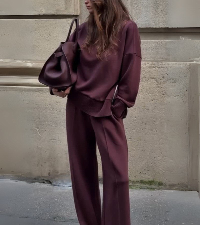 Women's Matching Jumper and Trousers Set with High Neck and Side Zips Burgundy