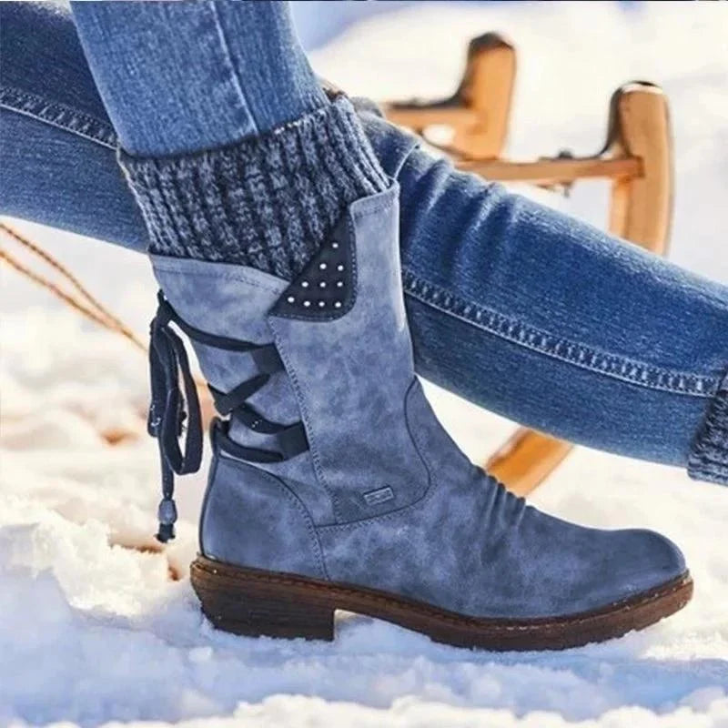 Women's Mid-Calf Winter Boots with Lace-Back Detail and Ribbed Cuff Blue