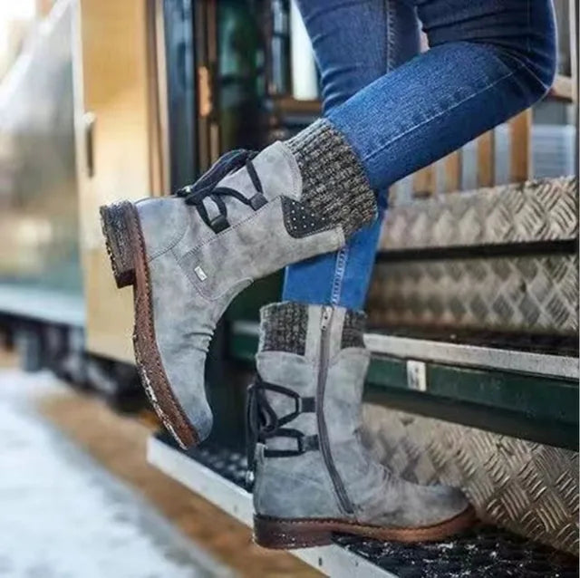 Women's Mid-Calf Winter Boots with Lace-Back Detail and Ribbed Cuff Grey