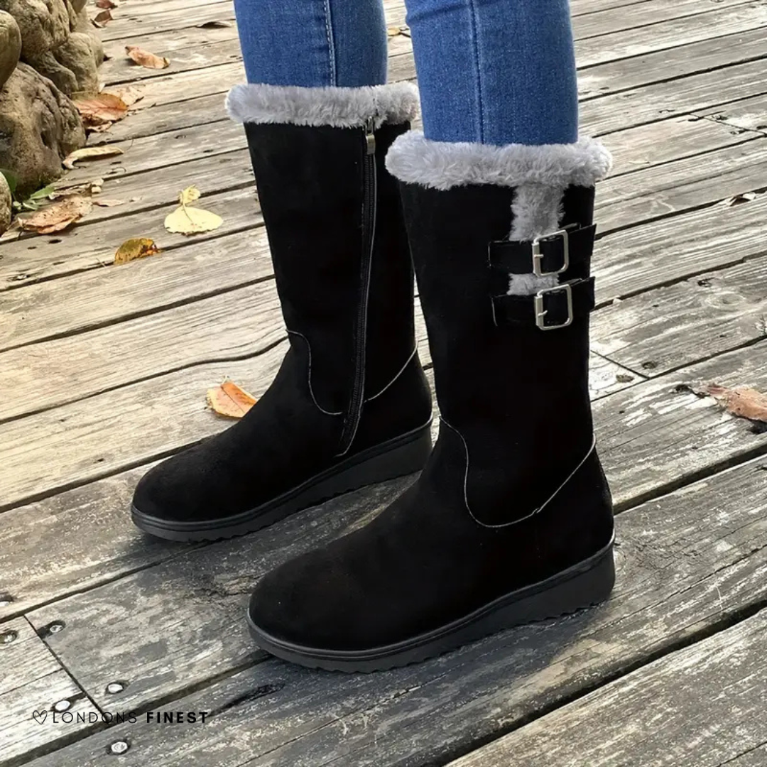Women's Mid-Calf Winter Boots with Plush Cuff and Double Buckle Black