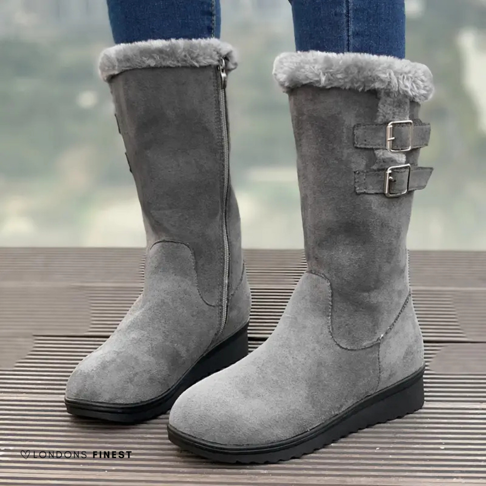 Women's Mid-Calf Winter Boots with Plush Cuff and Double Buckle Grey