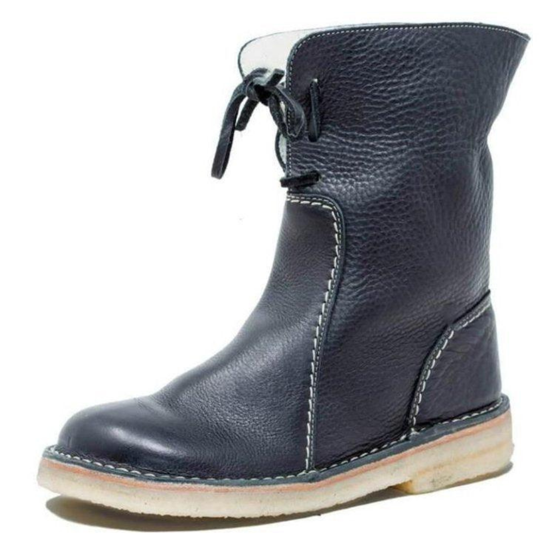 Women's Mid-Calf Winter Boots with Tie Back and Contrast Stitching Black