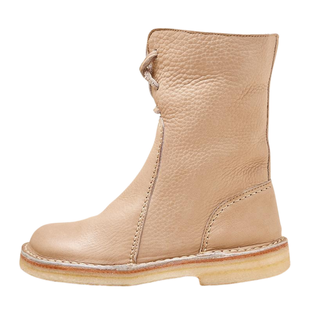 Women's Mid-Calf Winter Boots with Tie Back and Contrast Stitching Beige