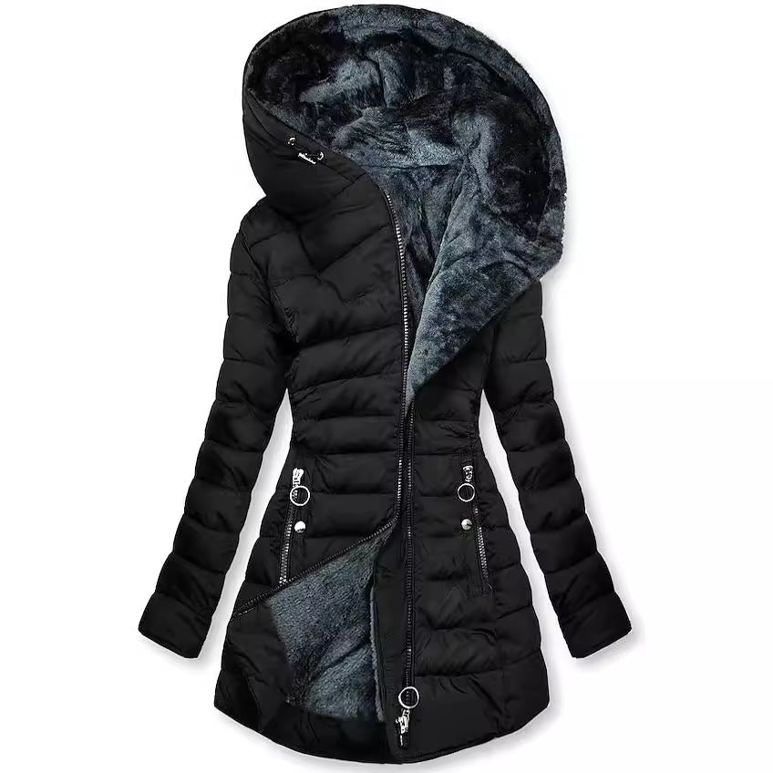 Women's Mid-Length Puffer Jacket with Plush Hood and Slim Waist Black