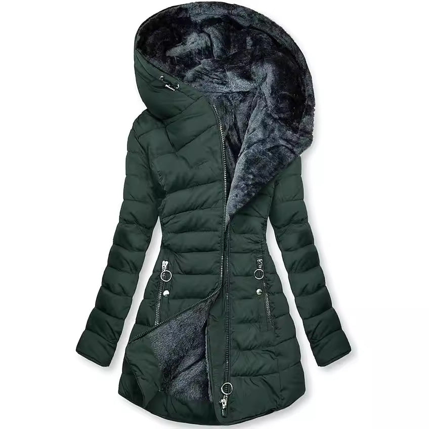 Women's Mid-Length Puffer Jacket with Plush Hood and Slim Waist Green