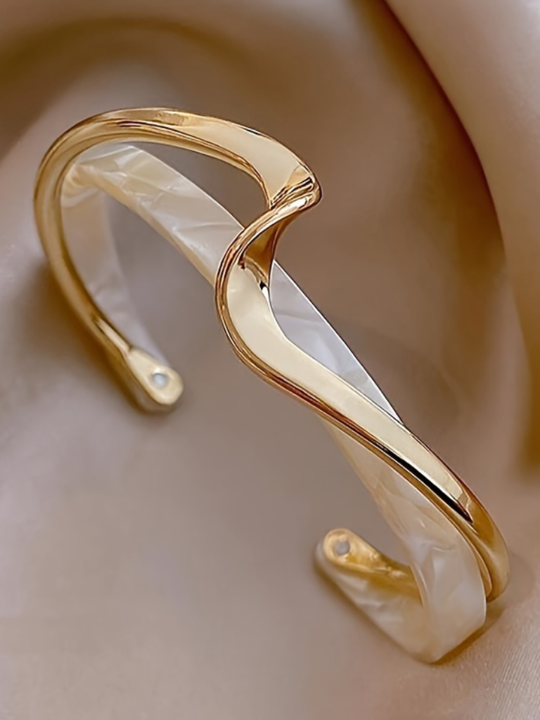 Women's Open Cuff Bracelet with Wave Design and Iridescent Finish White