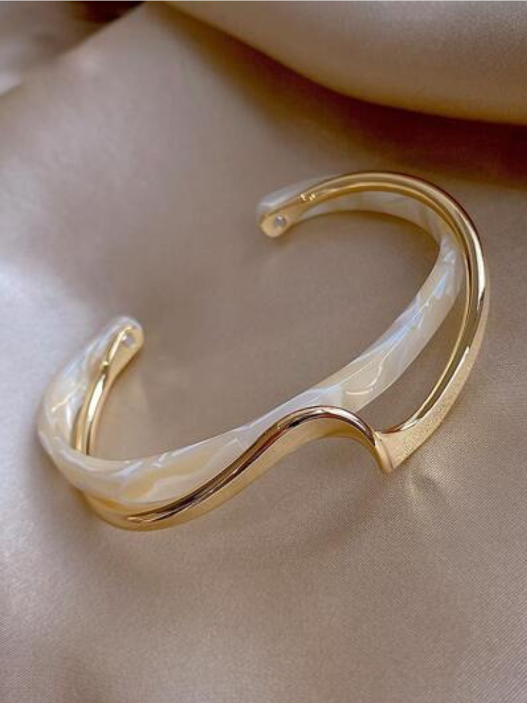 Women's Open Cuff Bracelet with Wave Design and Iridescent Finish White