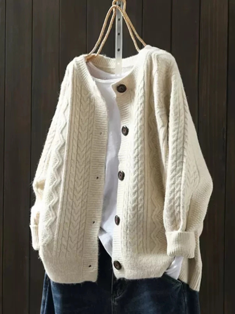 Women's Oversized Cable Cardigan with Contrast Buttons Beige