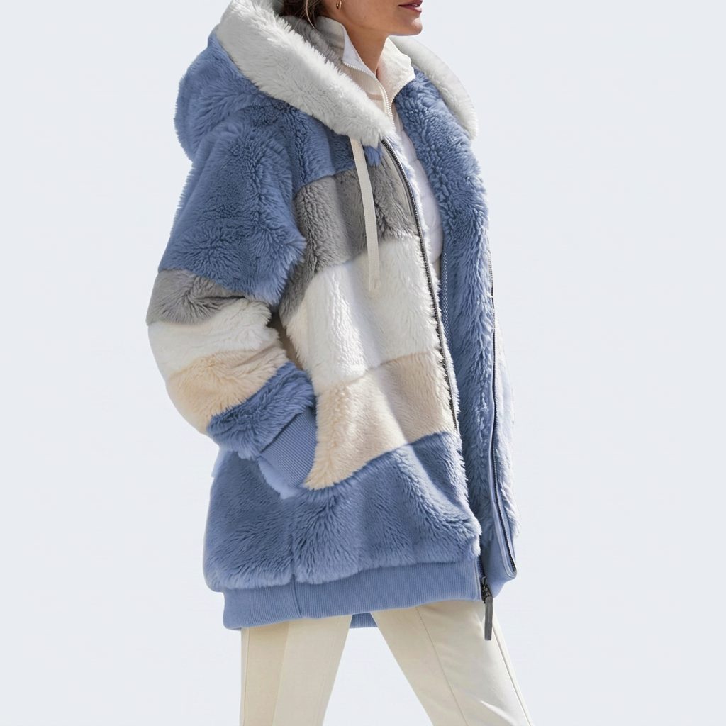Women's Oversized Colour Block Puffer Jacket with Drawstring Hood Blue