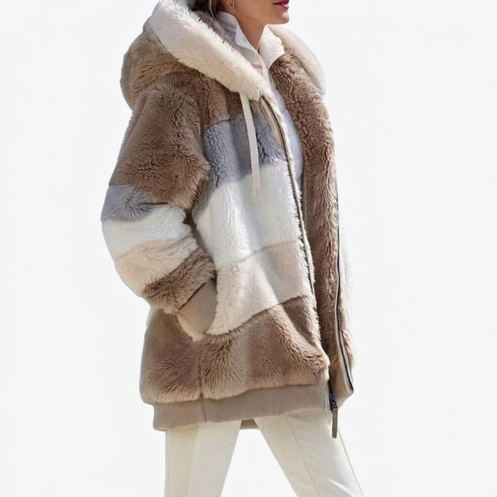 Women's Oversized Colour Block Puffer Jacket with Drawstring Hood Brown