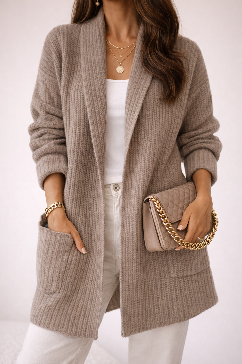 Women's Oversized Open Front Cardigan with Shawl Collar and Pockets Caramel Brown