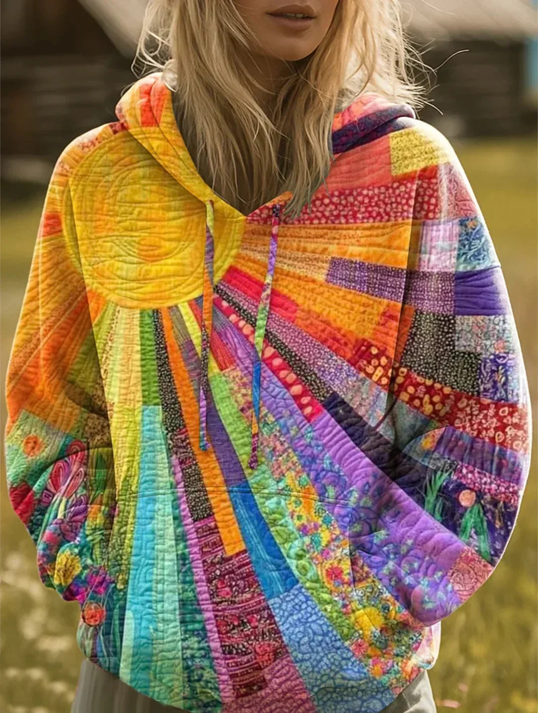 Women's Oversized Quilted Patchwork Hoodie with Sunburst Design Multicolour