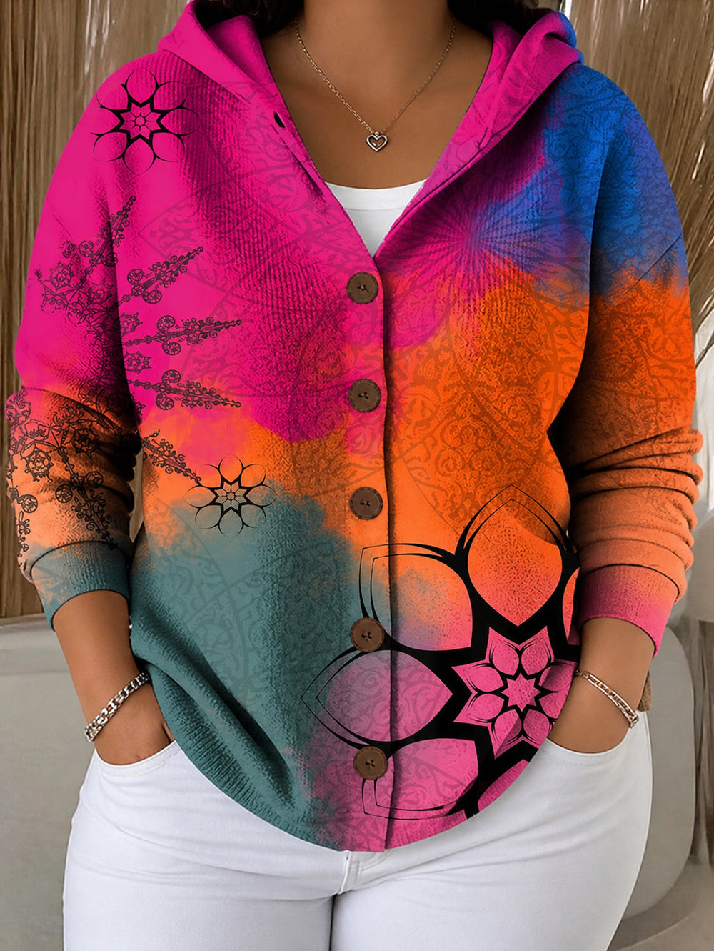 Women's Printed Hooded Cardigan with Button Front Fuchsia