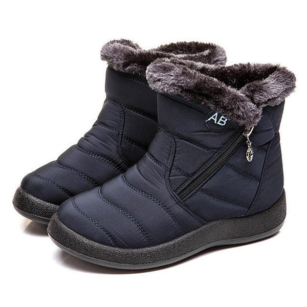 Women's Quilted Ankle Snow Boots with Plush Cuff and Side Zip Blue