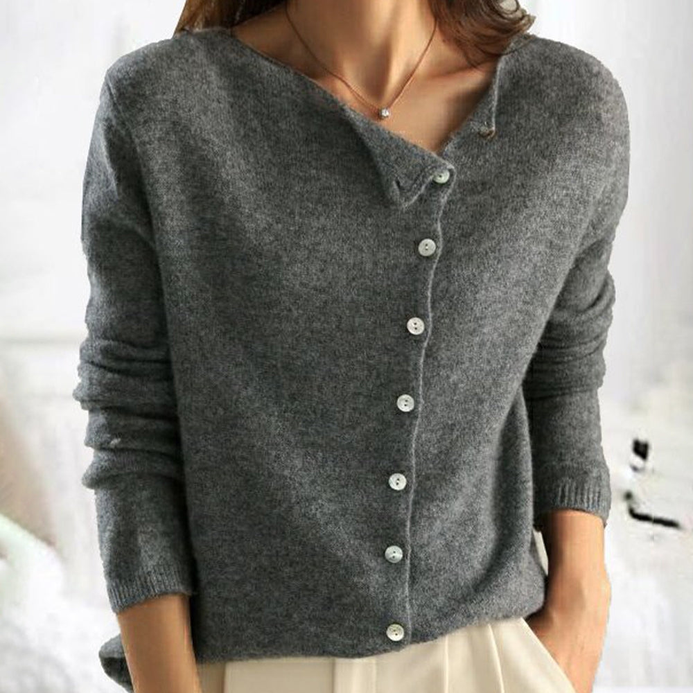 Women's Relaxed Button Front Cardigan with Asymmetric Collar Grey