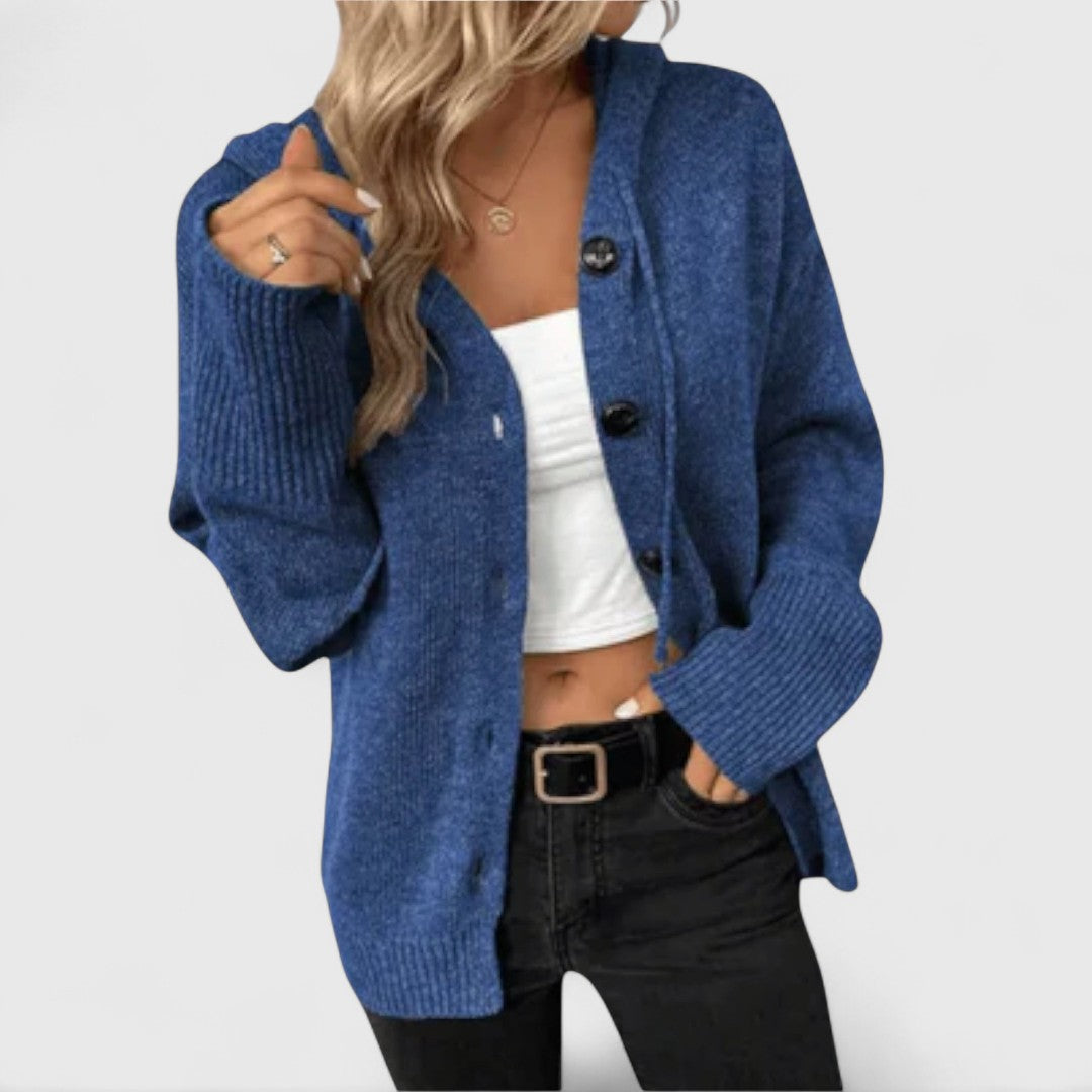 Women's Relaxed Fit Cardigan with Ribbed Cuffs and Hem Blue