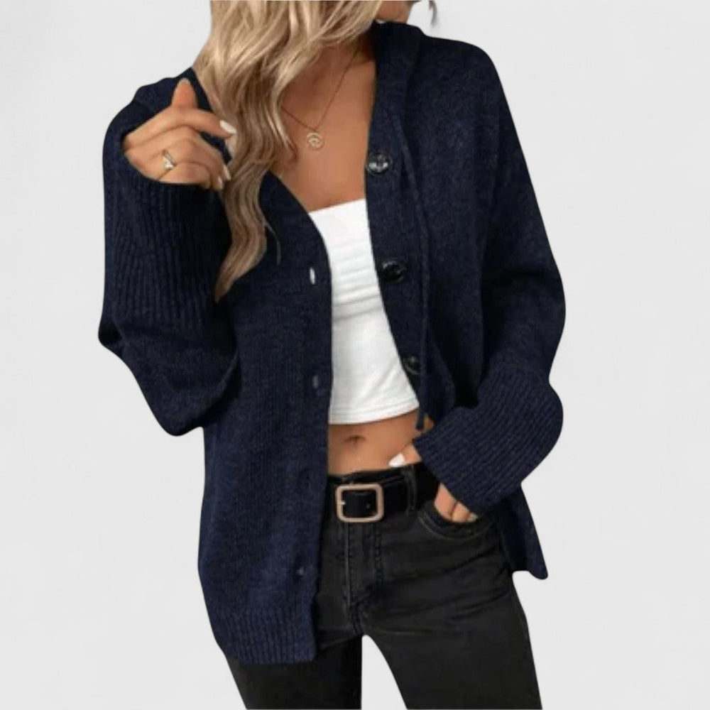 Women's Relaxed Fit Cardigan with Ribbed Cuffs and Hem Navy
