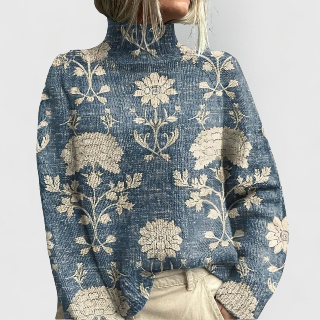 Women's Relaxed Printed Turtleneck Jumper with Raglan Sleeves Light Blue