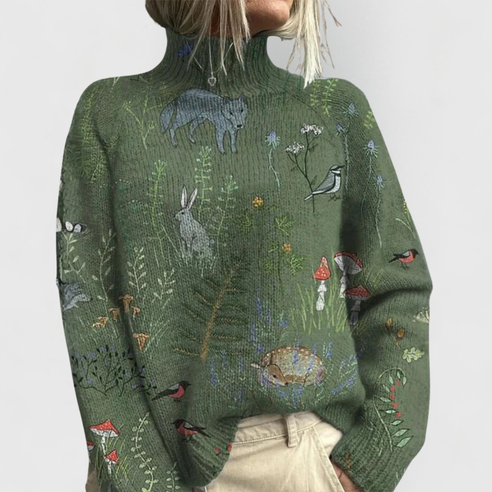 Women's Relaxed Printed Turtleneck Jumper with Raglan Sleeves Green