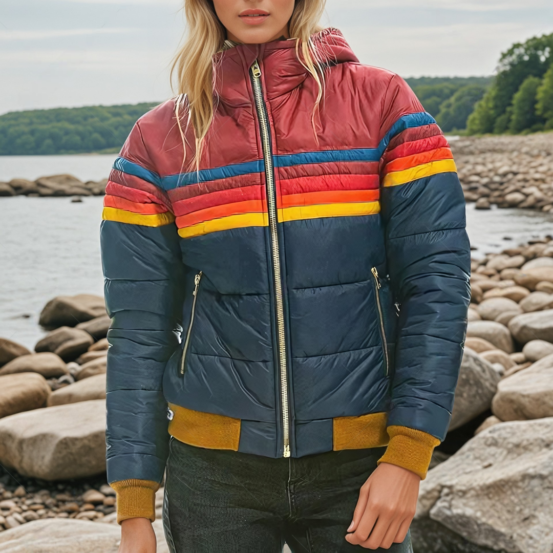 Women's Retro Striped Puffer Jacket with Hood and Zip Pockets Navy