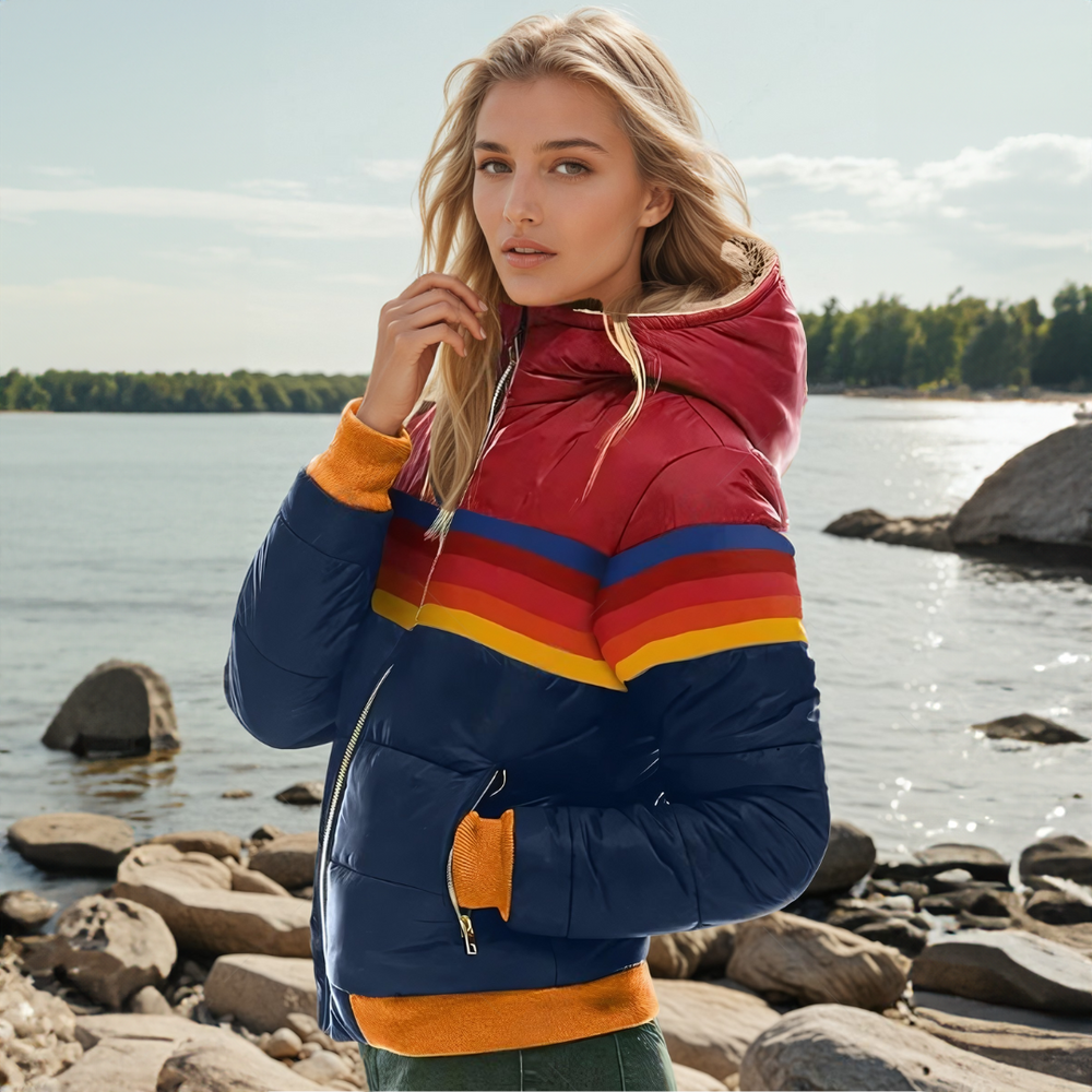 Women's Retro Striped Puffer Jacket with Hood and Zip Pockets