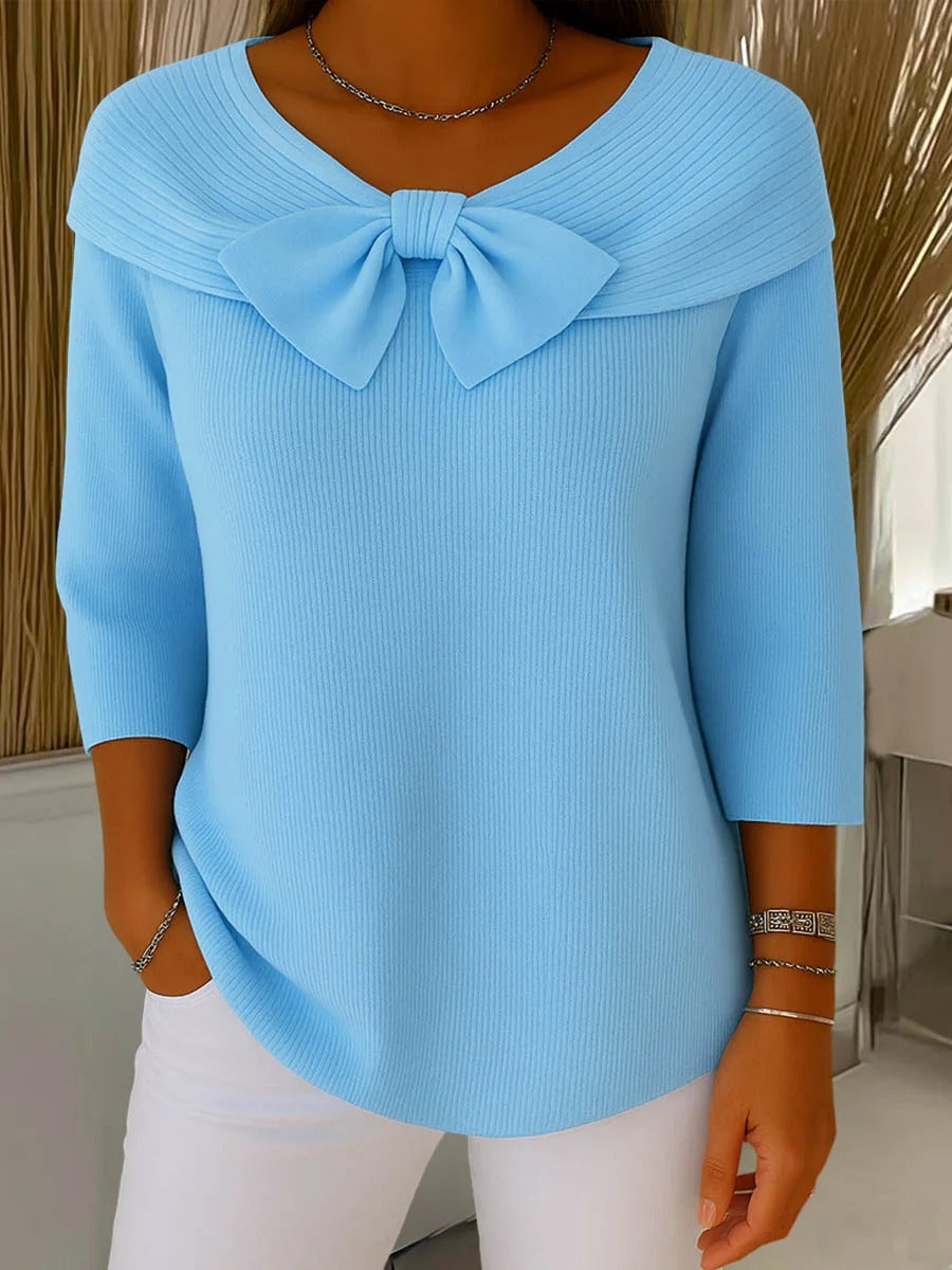 Women's Ribbed Jumper with Bow Neckline and Three-Quarter Sleeves Blue