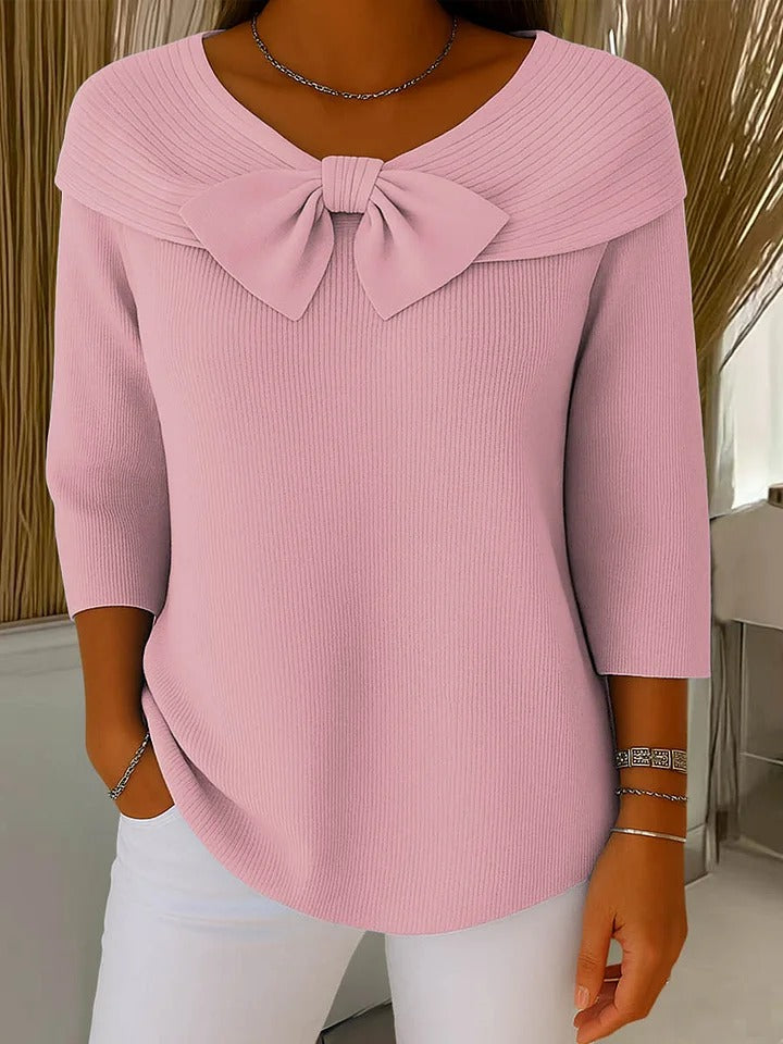 Women's Ribbed Jumper with Bow Neckline and Three-Quarter Sleeves Pink