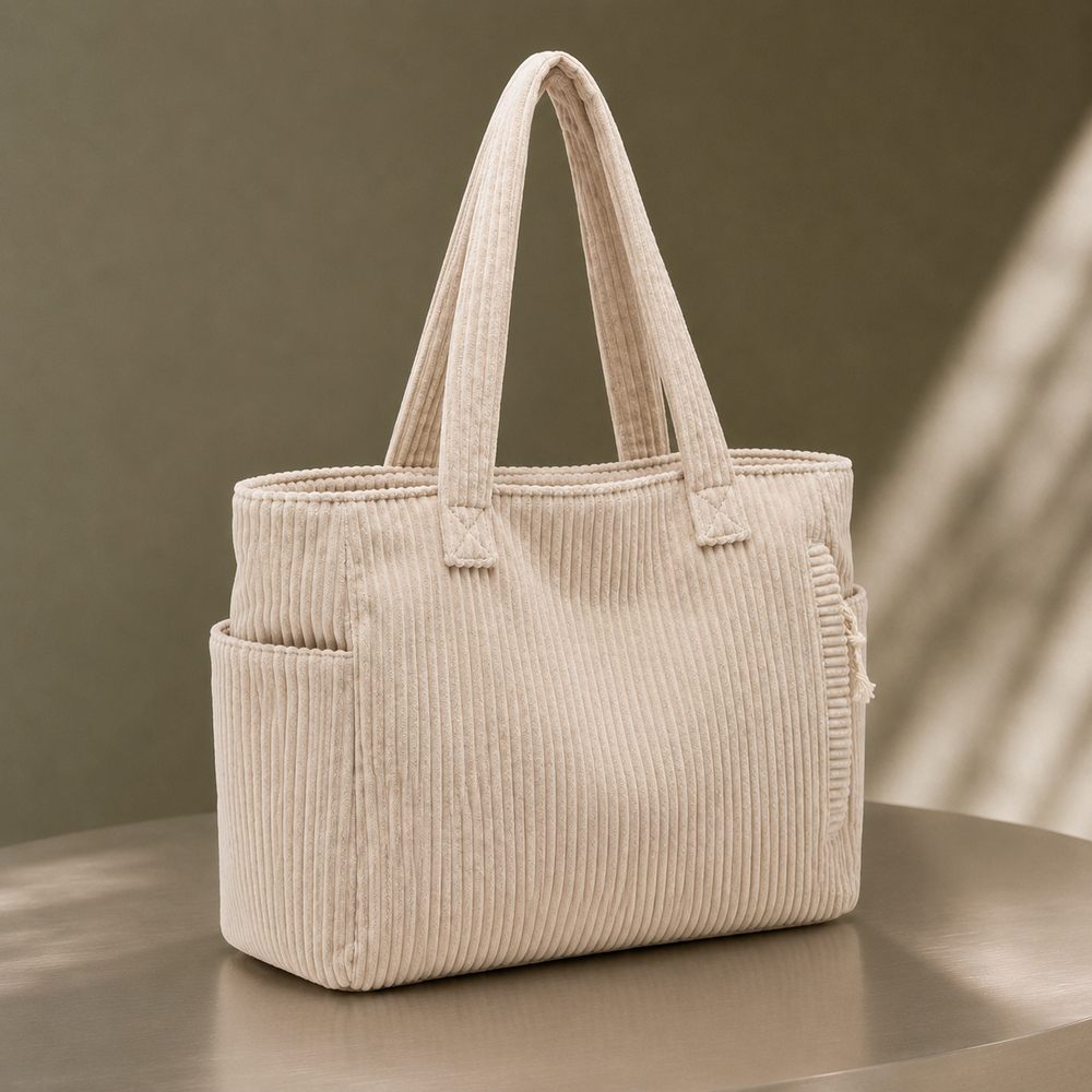 Women's Ribbed Tote Bag with Long Handles and Exterior Pockets Beige