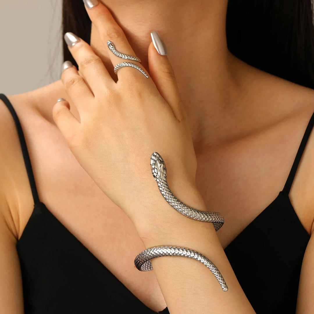 Women's Snake Cuff and Ring Set with Sculpted Coil Design Silver