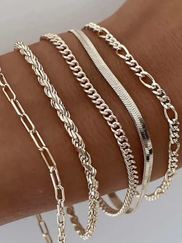 Women's Stackable Chain Bracelet Set with Mixed Link Styles Silver