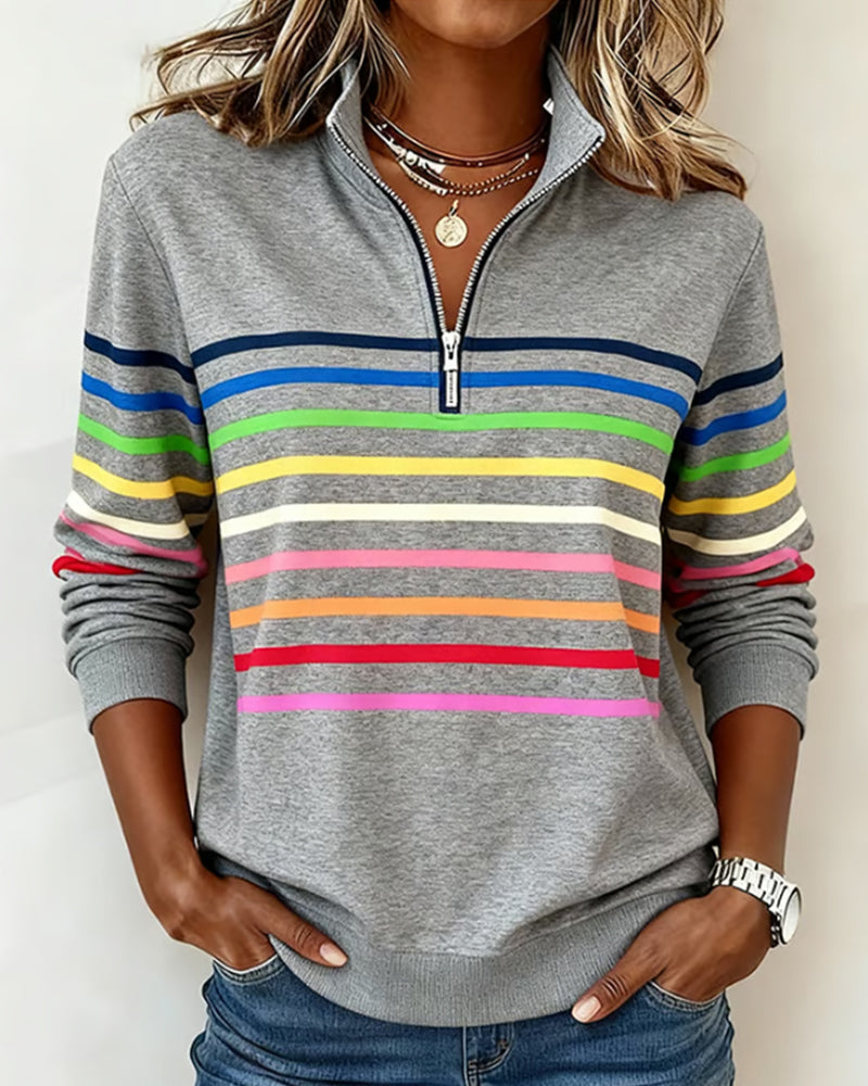 Women's Striped Half Zip Jumper with High Collar Grey