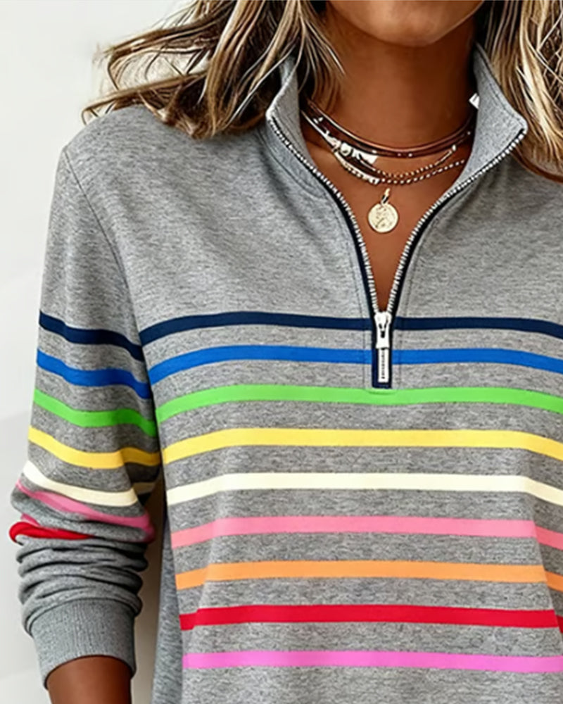 Women's Striped Half Zip Jumper with High Collar