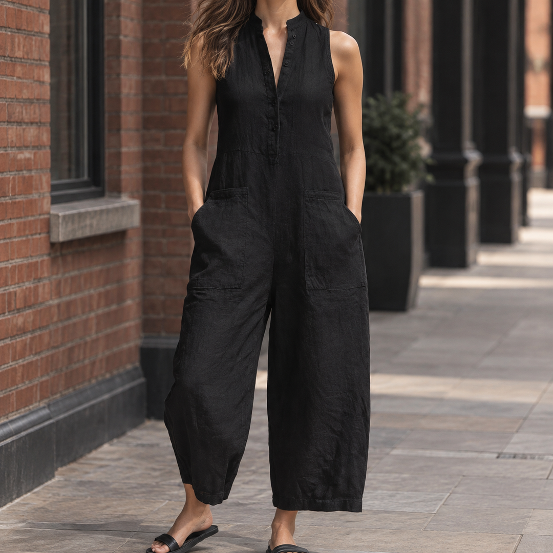 Women's Summer Barrel Leg Jumpsuit with Stand Collar and Patch Pockets Black