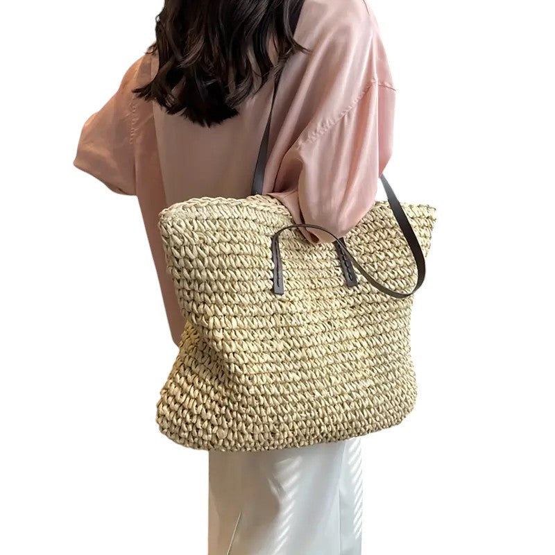 Women's Summer Beach Bag with Spacious Design and Long Shoulder Straps Beige