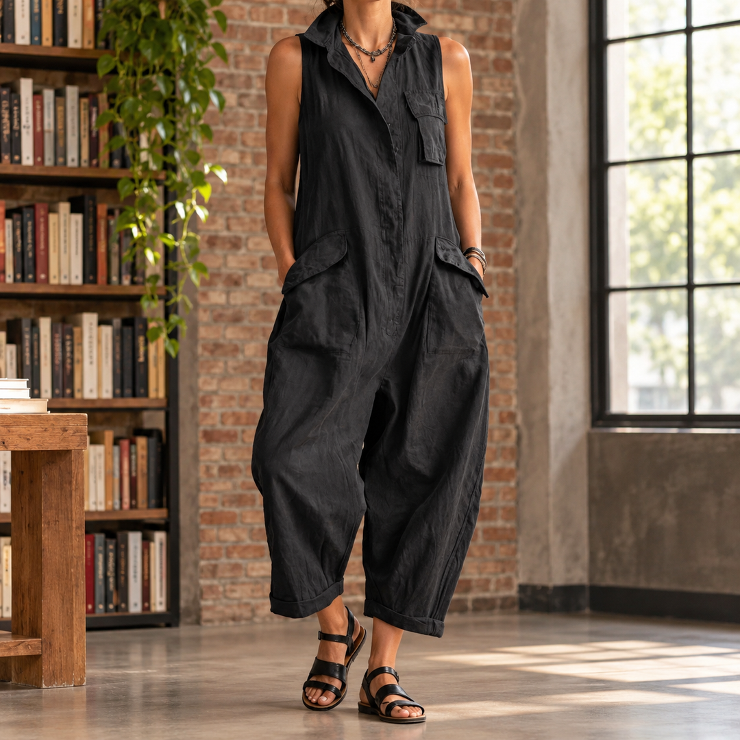 Women's Summer Jumpsuit with Cropped Wide Legs and Flap Pockets Black