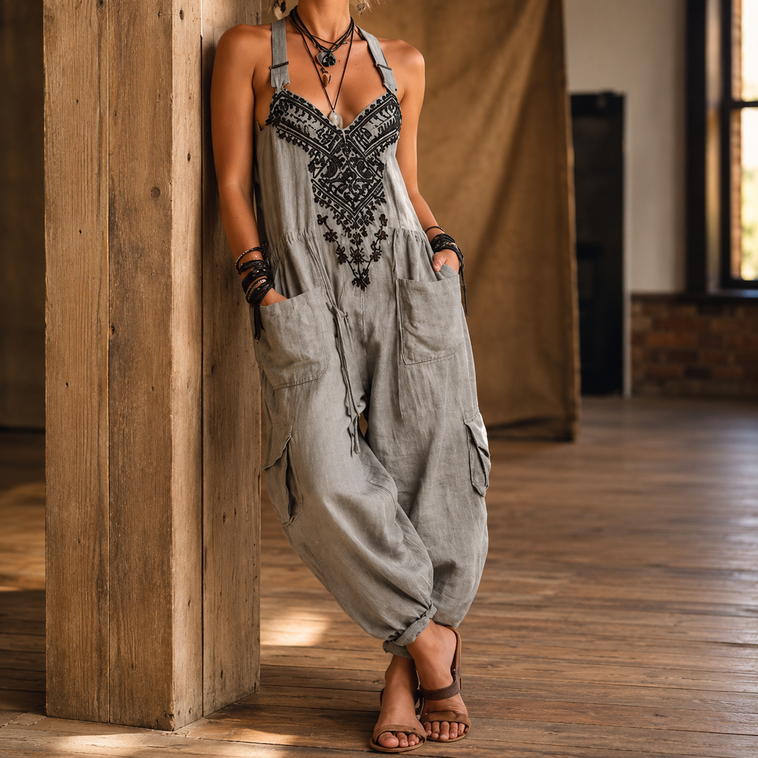 Women's Summer Jumpsuit with Embroidered Bib and Crossed Straps Grey