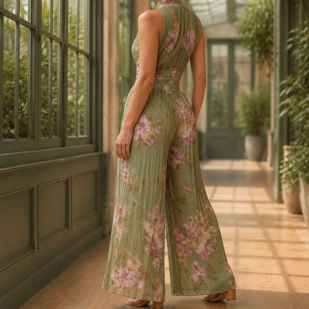 Women's Summer Wide Leg Jumpsuit with Floral Print and Front Zip