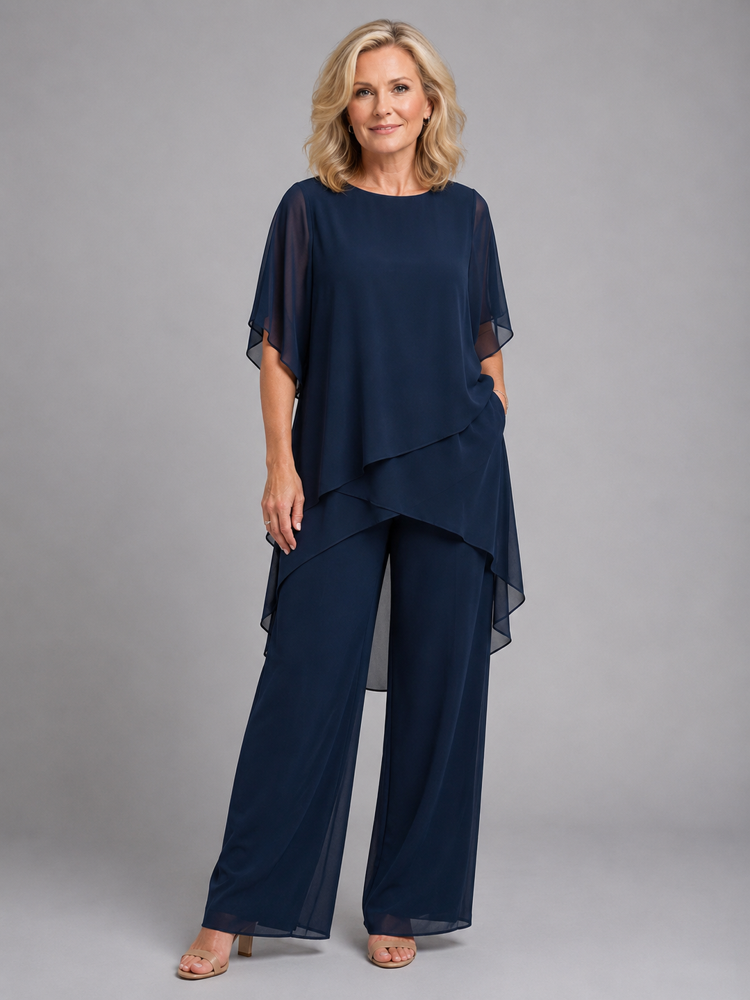 Women's Two Piece Set with Asymmetric Top and Wide Leg Trousers Navy