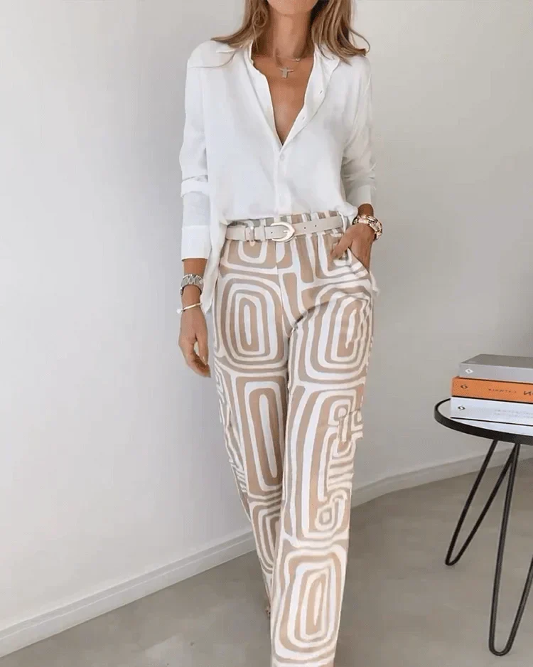 Women's Two Piece Set with Button Shirt and Printed Wide Leg Trousers Khaki